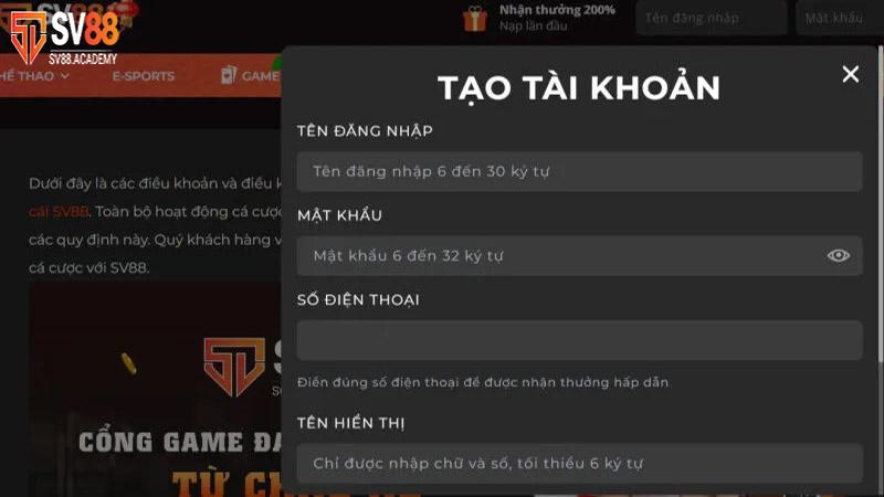 Hướng Dẫn Đăng Ký SV88 Dễ Dàng Dành Cho Tân Thủ 6 Mục đăng ký của SV88